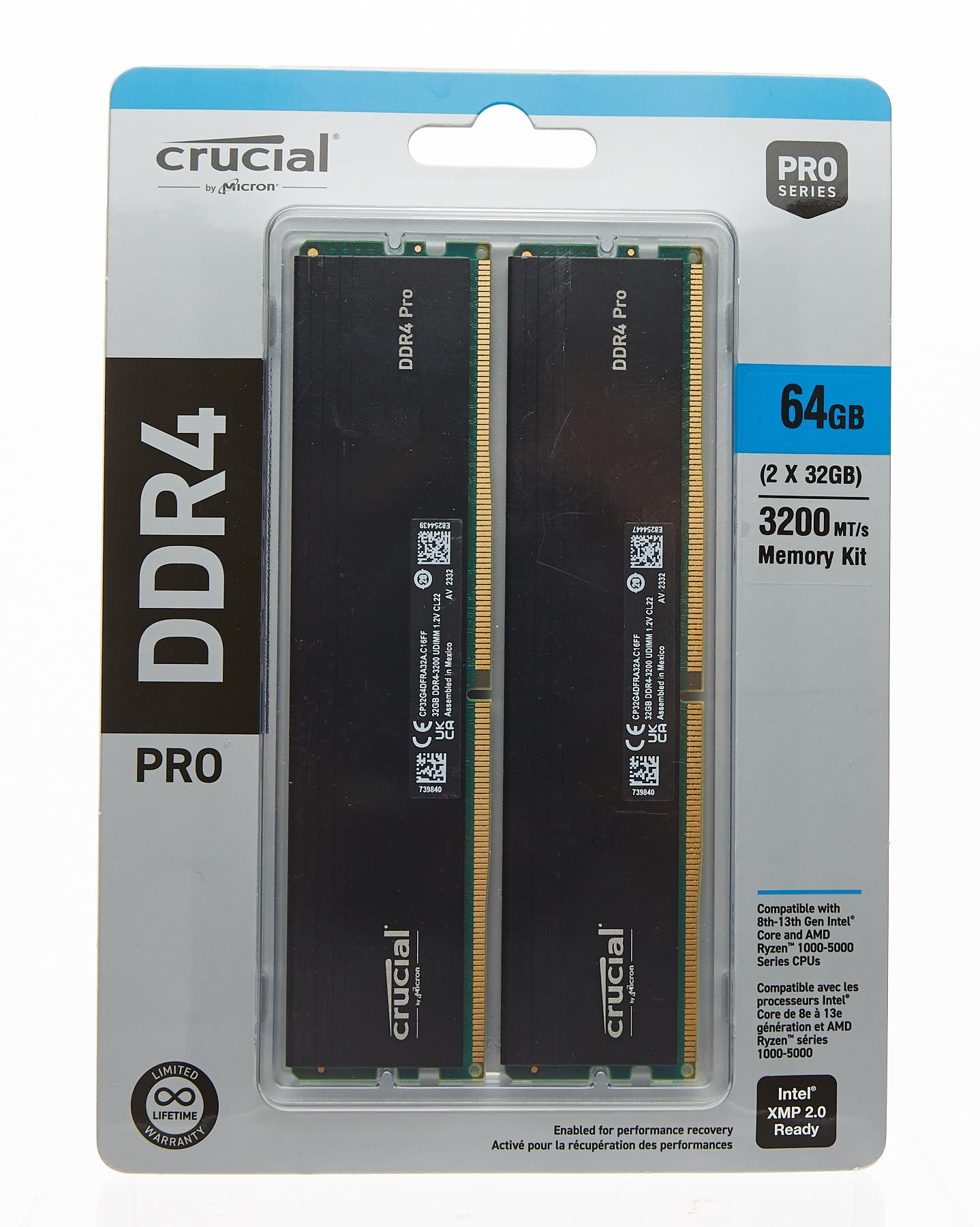 Crucial Pro 64GB DDR4 RAM Kit (2x32GB), 3200MHz (or 3000MHz or 2666MHz) Desktop Memory, Compatible with Intel and AMD Ryzen - CP2K32G4DFRA32A