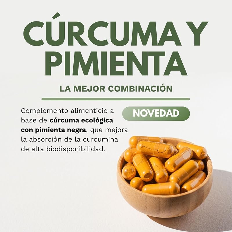 Cúrcuma y Pimienta Negra en Cápsulas de Cultivo Rica en Antioxidantes, Curcumina y Piperina Bio, Vegano, Orgánico, Sin Gluten, 90 Cápsulas, 1500mg — foto 3 de 4