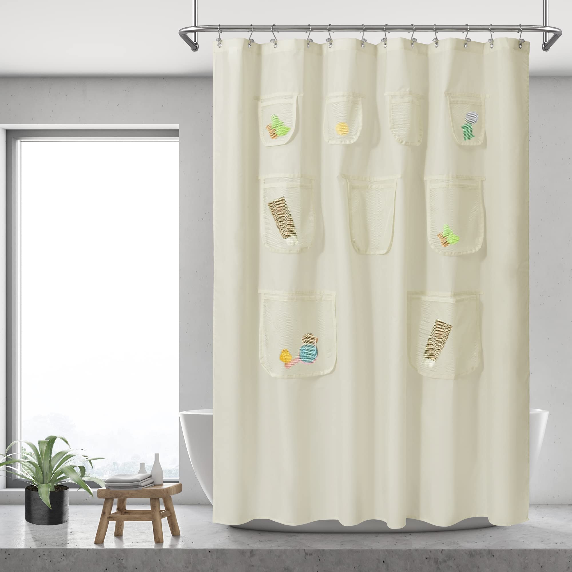 N&Y HOME Waterproof Fabric Shower Curtain or Liner with 9 Mesh Pockets - Sand, 71x72 Inches