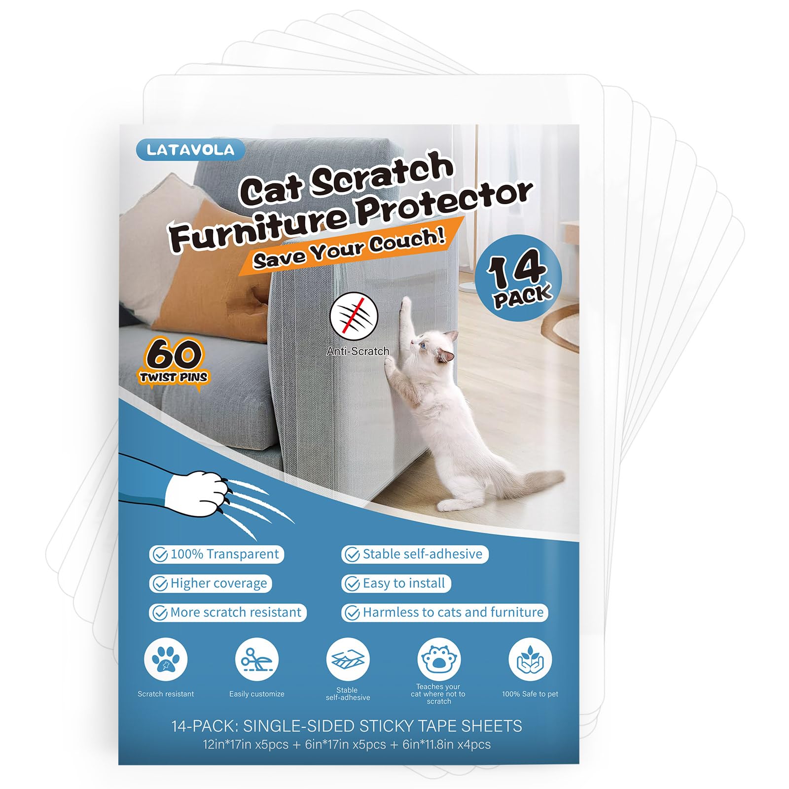 Photo 1 of [Thicken Vinyl] Cat Scratch Furniture Protector(14P+60 Pins)