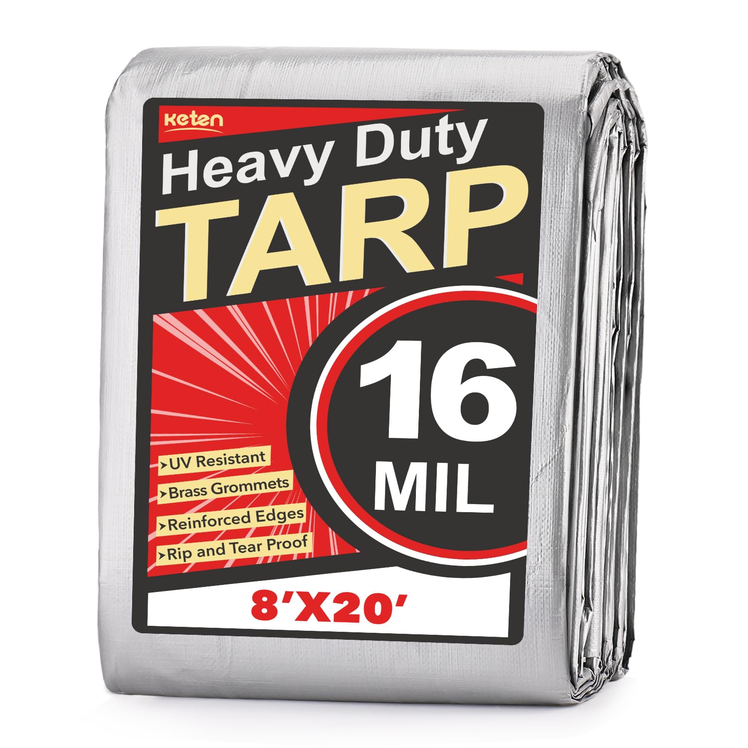 Keten Tarps Heavy Duty Waterproof 8X20 Feet, Extra Thick 16 Mil, Tear & Fade Resistant, UV Blocking, Outdoor Tarp with Reinforced Grommets for Roof, Camping, Patio, Pool, Boat(Silver/Black) Image