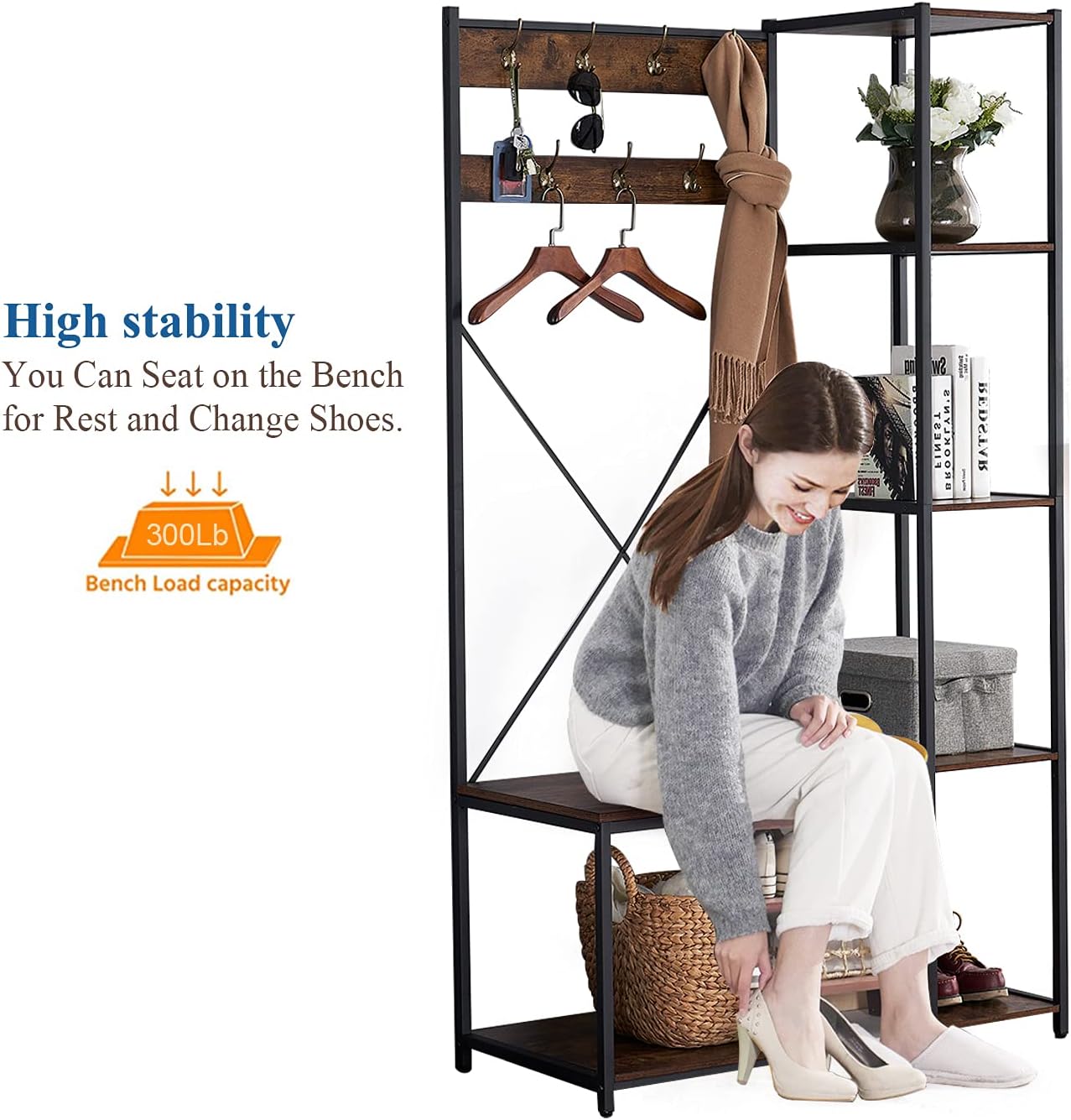 VECELO Coat Rack Bench,Hall Tree with 7 Hooks Entryway Storage 4 Shelves and 1-Tier Shoe Shelf,Wood Look Accent Furniture Metal Frame, Rustic Brown: Home & Kitchen