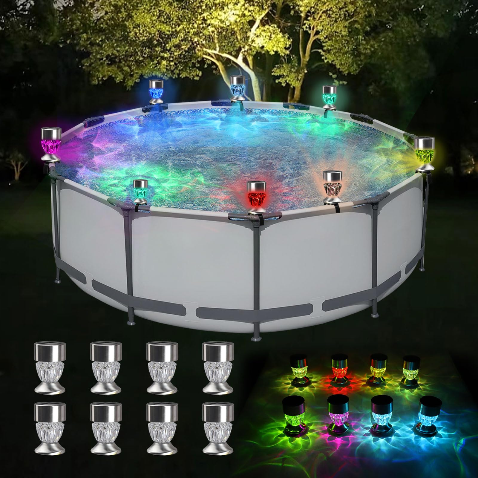 Longzhuo Solar Frame Pool Light, 8pcs Framed Pool Light, RGB Colorful Solar Pool Lights for Above Ground Pools, Waterproof Swimming Pool Accessories Night Lights, Garden Fence Outdoor Lighting Decor