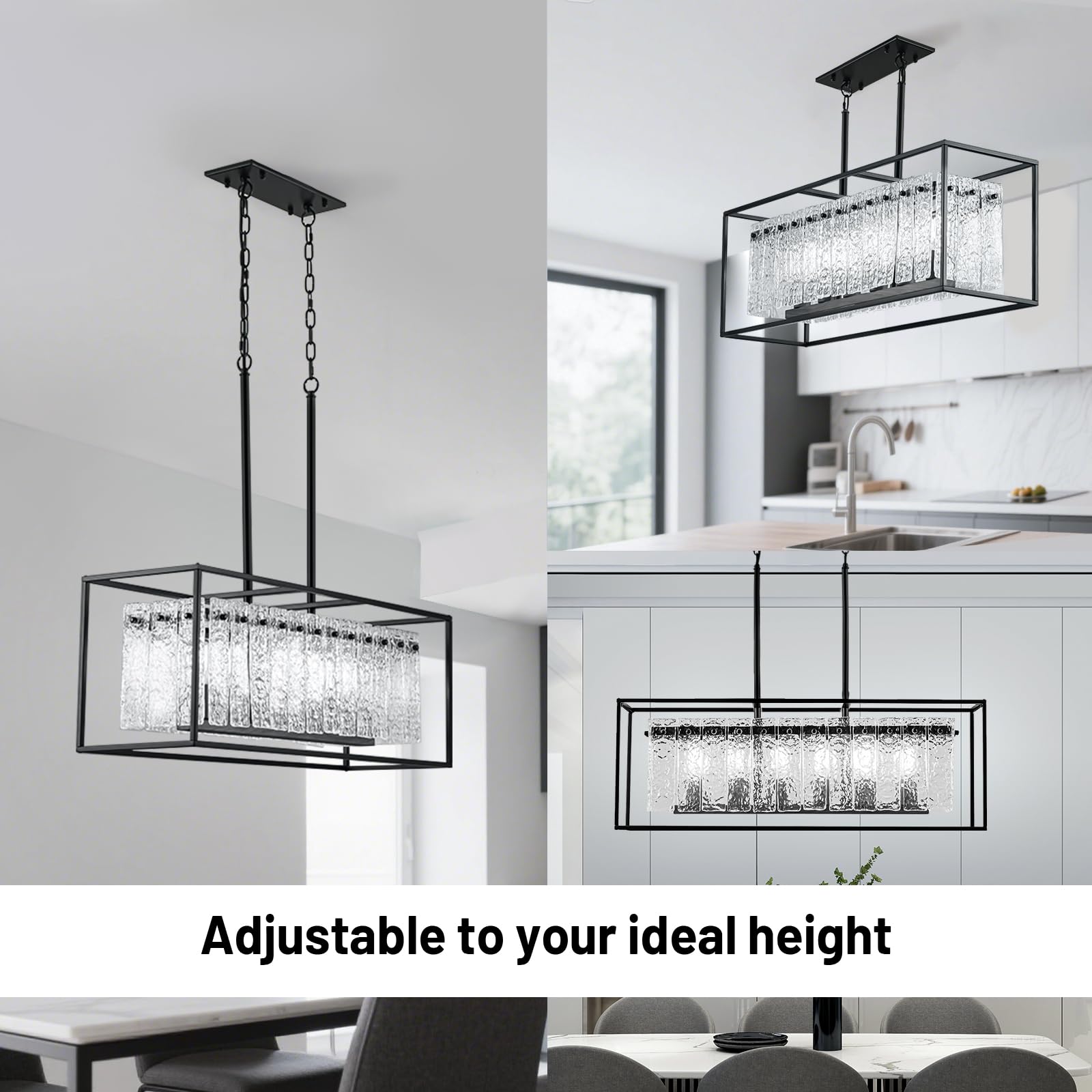 Condition photo showing New/Like New for modern black rectangular chandelier for dining room table, 6-light large crystal water ripple glass