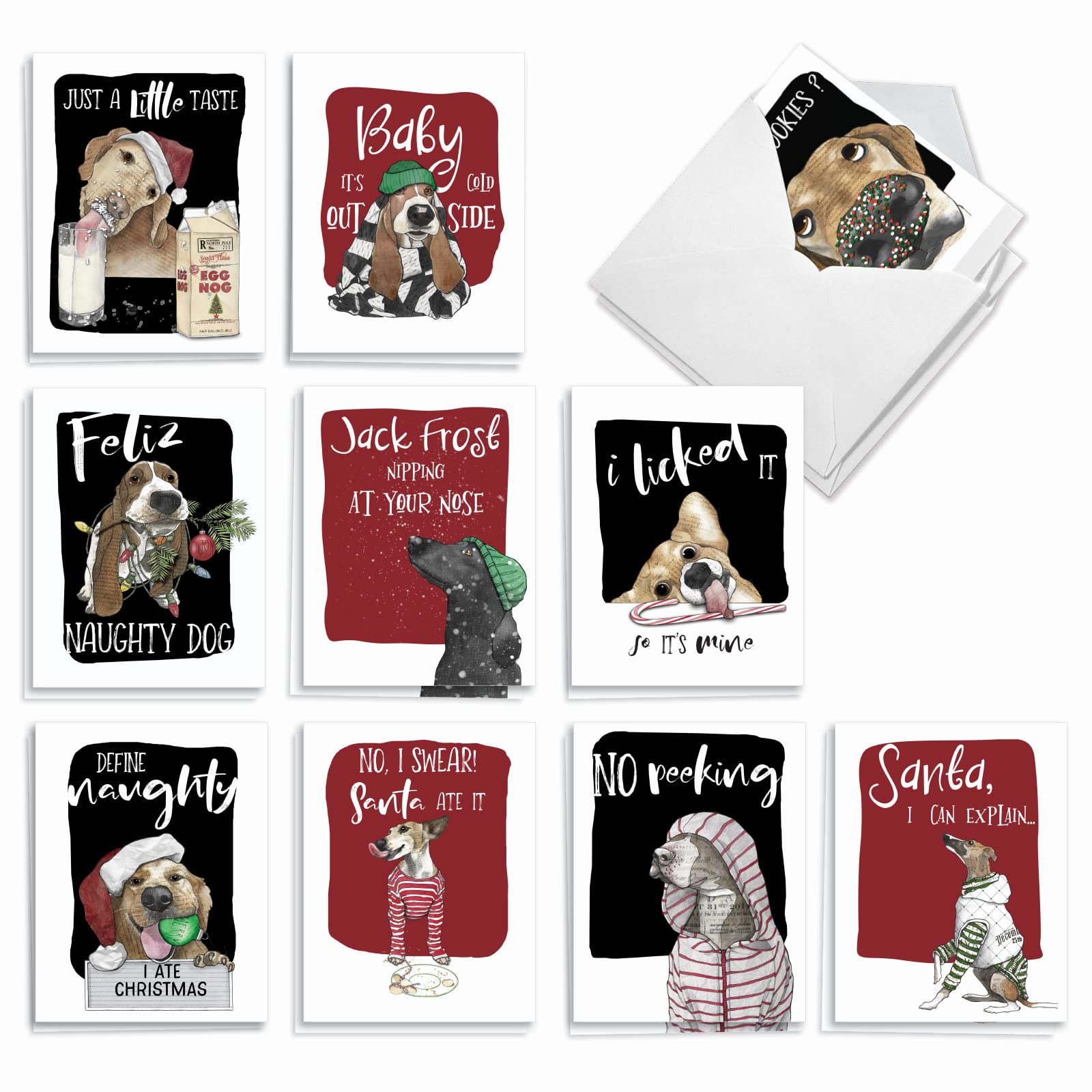 The Best Card Company Variety Pack of 20 Christmas Greeting Cards with Envelopes, Humor Holiday Assortment for Men and Women (10 Designs, 2 Each) Holiday Dog Antics AM2918XSG-B2x10
