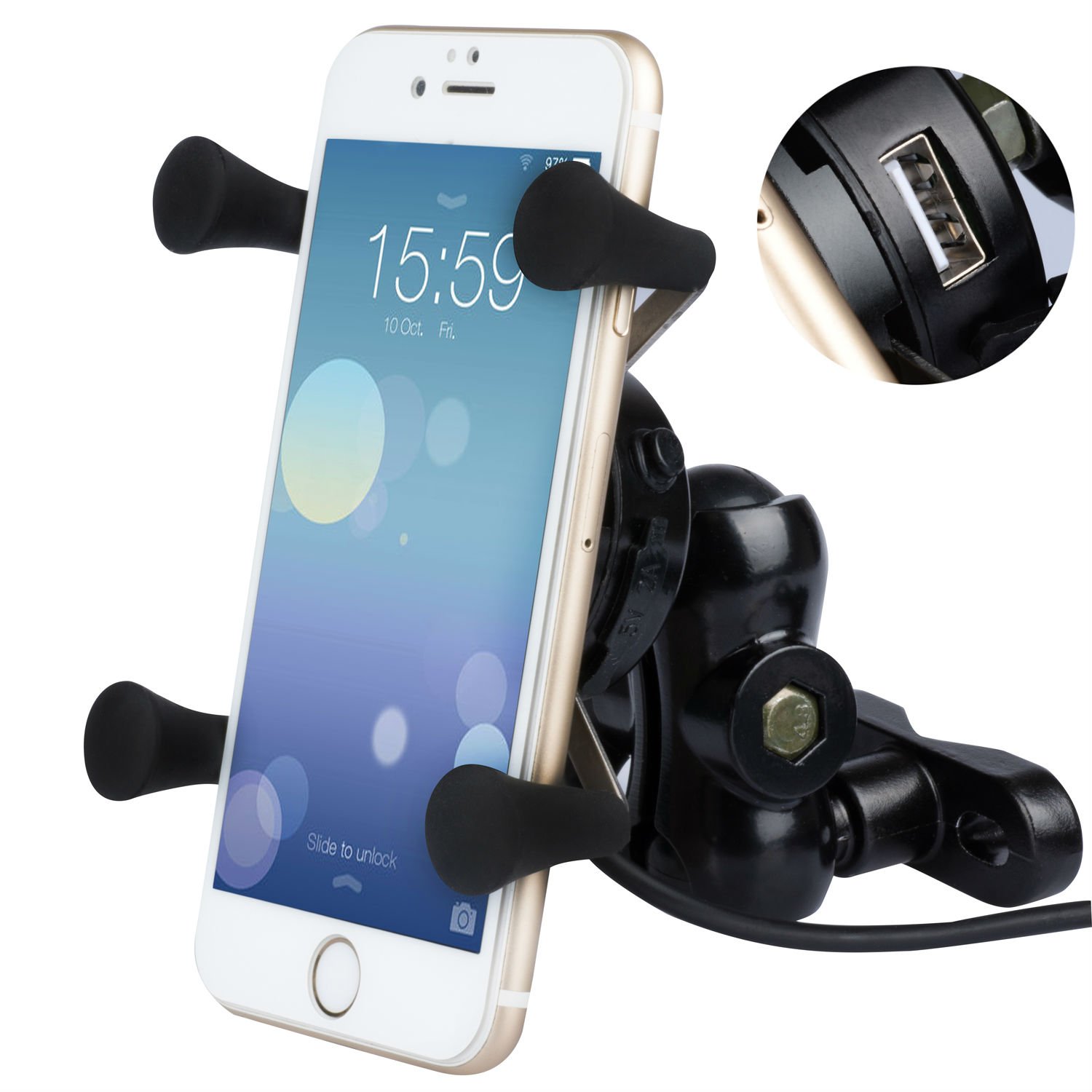 BlueFire universal X-grip motorcycle mobile phone holder swivel motorcycle holder with 5V 2.1A USB charger