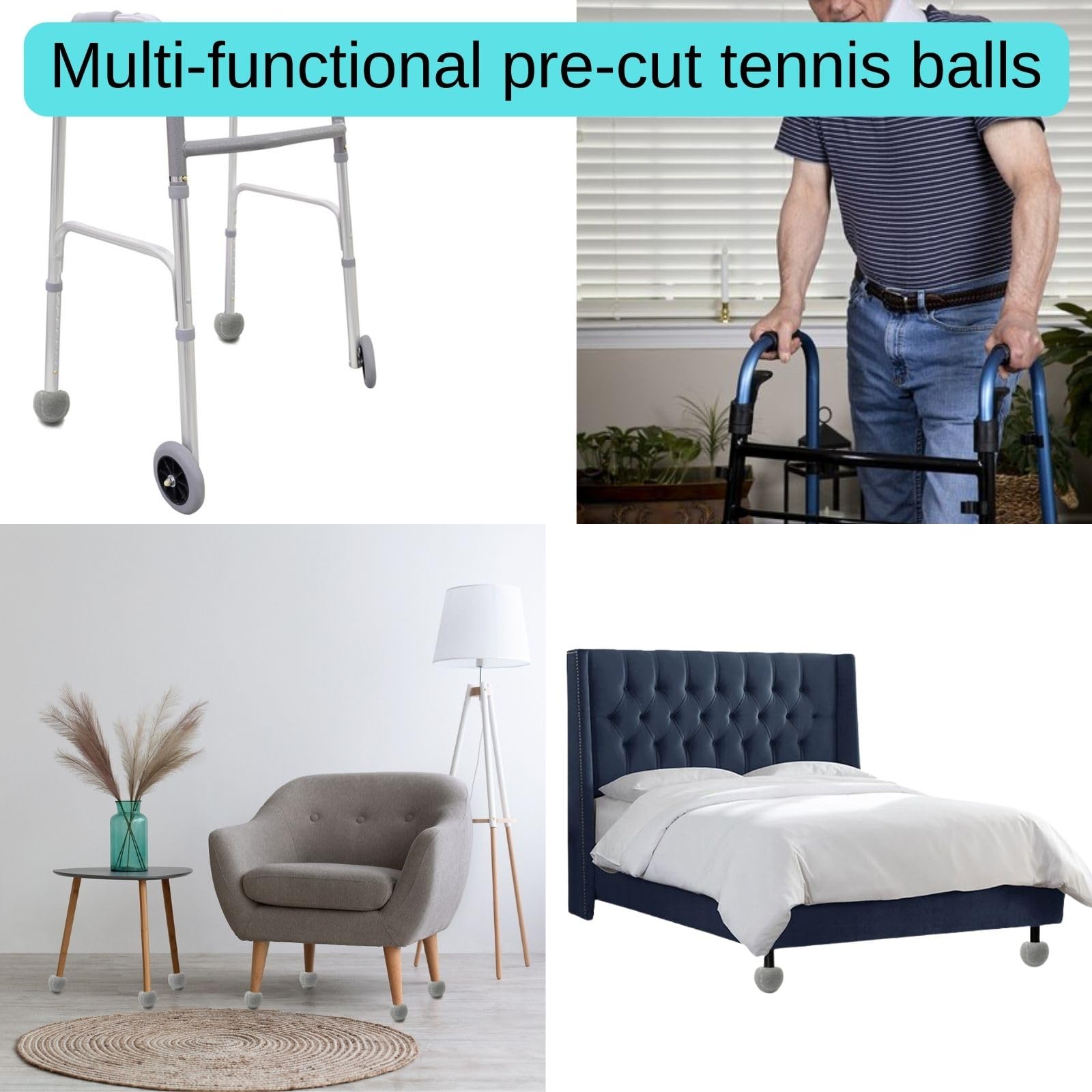 Precut Tennis Balls for Walkers 4 PCS Walker Tennis Ball for Furniture Legs and Floor Protection Heavy Duty Long Lasting Felt Pad Glide,Fit Most Walkers (Gray)