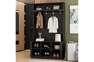 FAMAPY Hall Tree with Bench and Shoe Storage, 3-in-1 Entryway Hall Tree with Coat Rack, 6 Shoe Storage Cubes & Open Shelf, Hanging Hooks, for Mudroom Entrance Black (39.8”W x 17.3”D x 67.1”H)