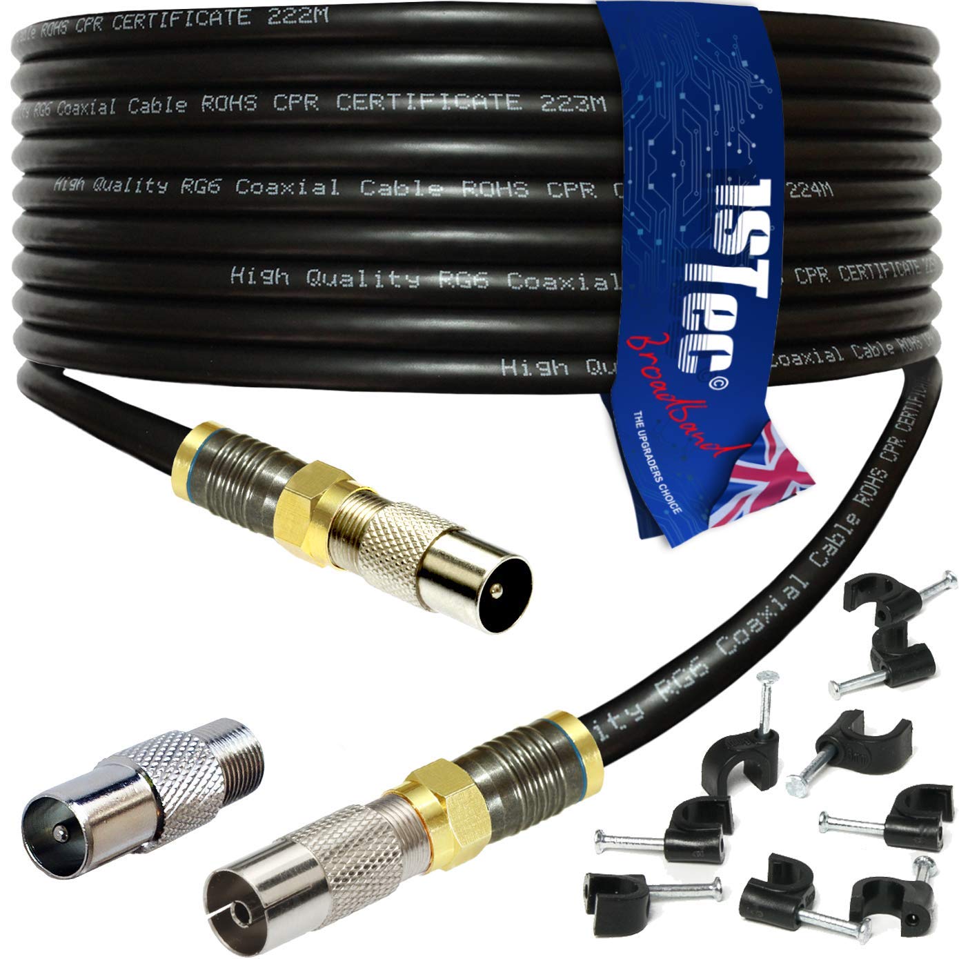 1STec 7m Digital TV Male to Male or Female Option Gold Plated F-Connector Cable for FreeView HD Freesat BT YouView Satellite Dish or Rooftop Aerial to Wall Box Plug or Socket Lead (7 Metre, Black)