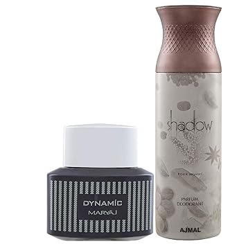 Maryaj Dynamic Eau De Parfum Spicy Woody Perfume 100ml for Men and Ajmal Shadow Homme Deodorant Citrus Woody Fragrance 200ml for Men + 2 Parfum Testers FREE