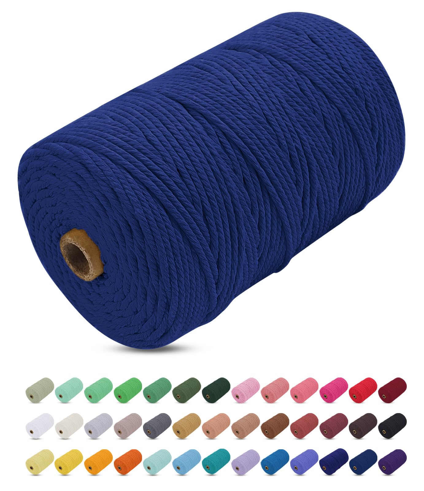 Uiopa Macrame Cord 3mm x 200m, Thick Macrame Rope Yarn Soft Natural Cotton Cord, Coloured 4-Ply Macrame String for DIY Craft, Plant Hangers, Wall Hanging, Christmas Decorations (Blue)