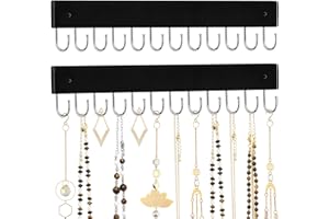 Dntorx Hanging Jewelry Organizer, 2 Pack Black Necklace Holder for Wall Wooden Necklace Organizers Hangers Wall Mount with 24 Hooks Jewelry Display Hanger for Necklaces, Bracelets, Earrings, Keys