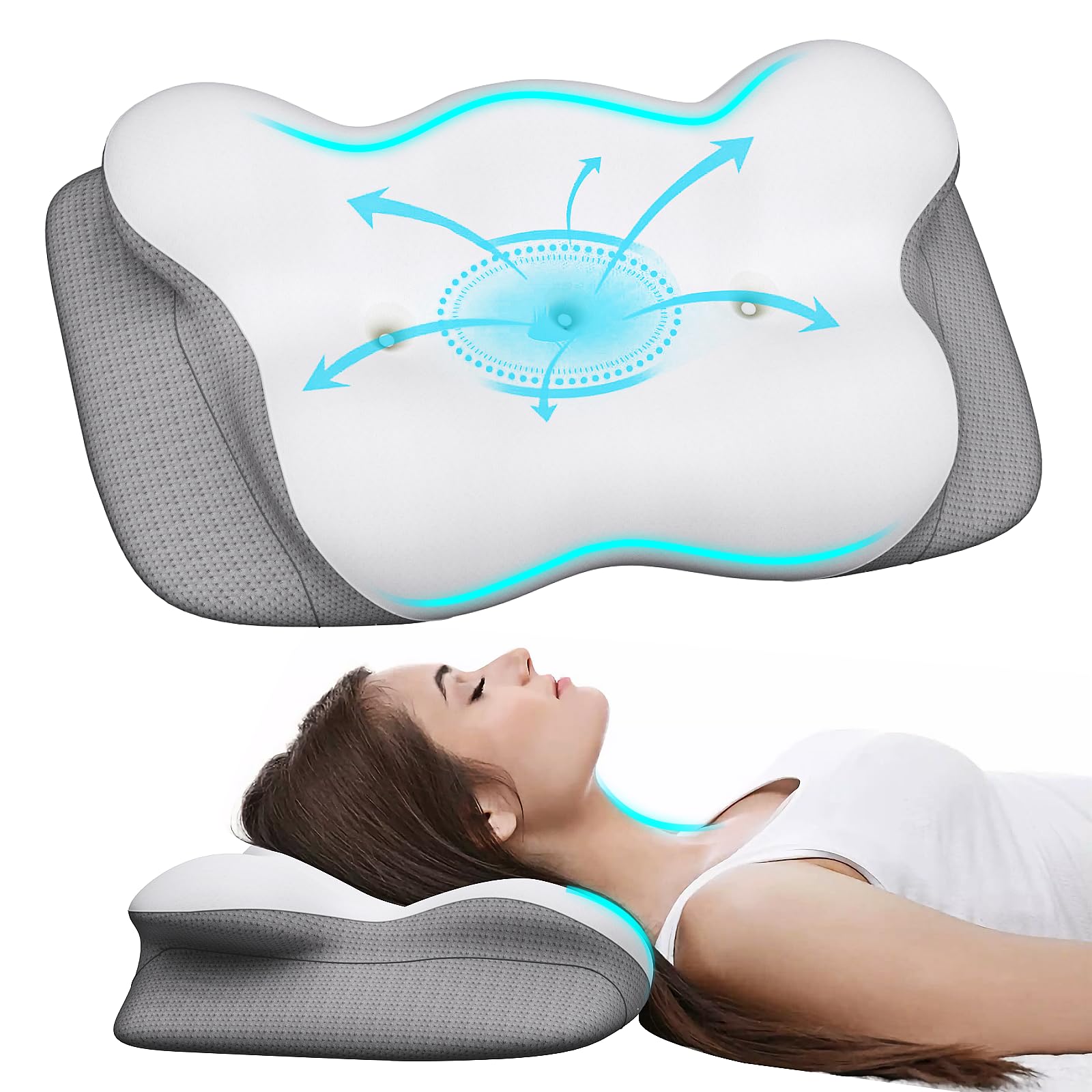 Photo 1 of DFENGDF Cervical Neck Pillow Ergonomic Contour Pillow for Neck, Shoulder, Back Pain Relief Memory Foam Orthopedic Pillow for Adults Side Sleeper and Stomach Sleeper with Cooling Pillowcase