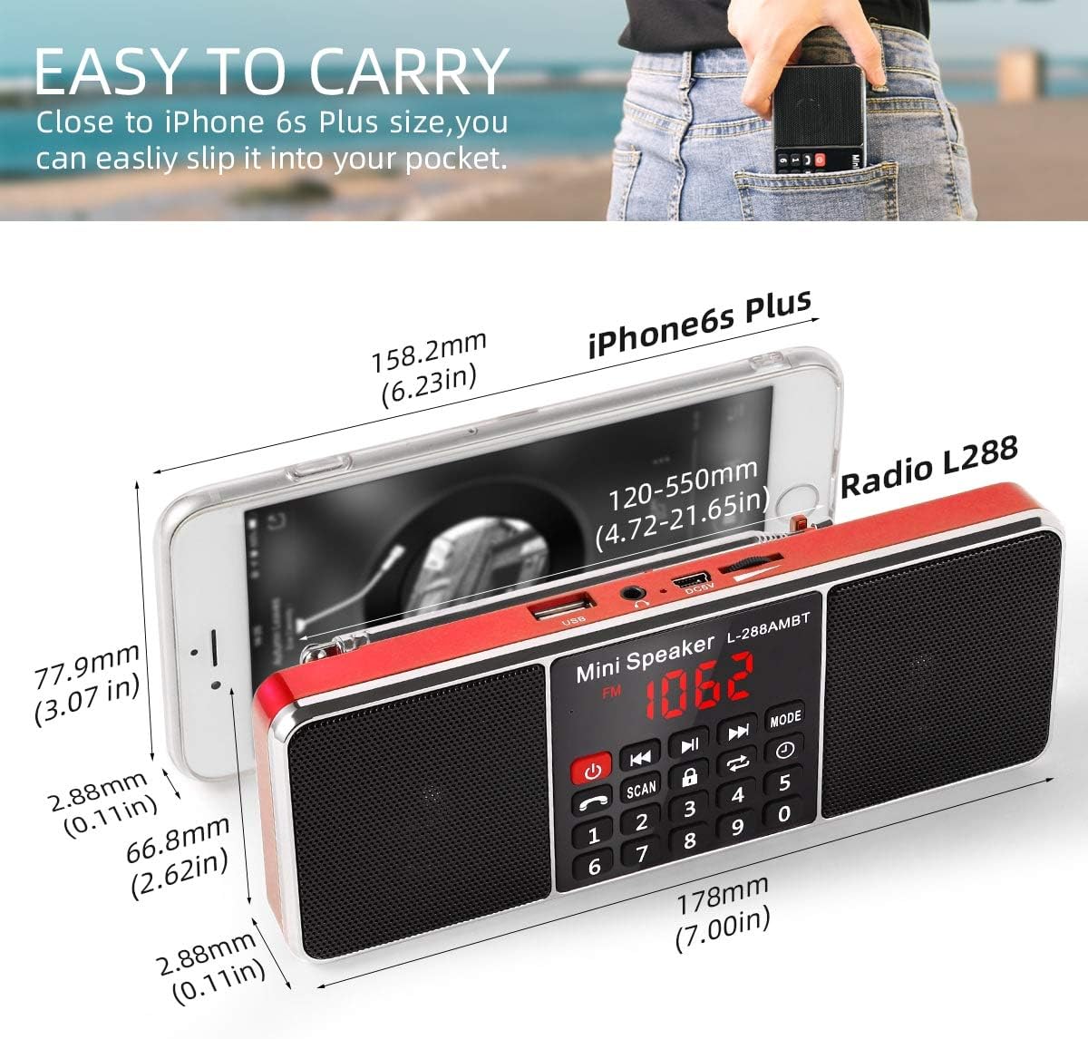 PRUNUS J-288 AM/FM Radio Portable, Hands-Free Bluetooth Radio Stereo Speaker with Sleep Timer, Power-Saving Display, Ultra-Long Antenna, AUX Input & USB Disk & TF Card MP3 Player(Black): Electronics