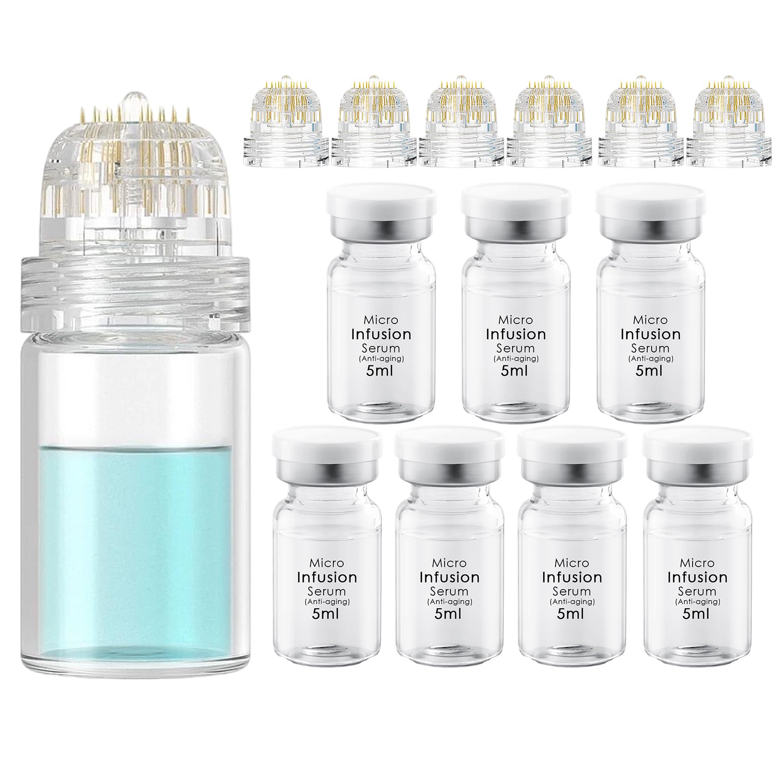 Microneedling Infusion System Set, Micro Microneedle Infusion System Included Hydra Needle 0.5mm 1Pc, 6 Replacement Needle Heads and Anti-Aging Serum Ampoules 5ml X 7, Anti-Aging Solution Treatment