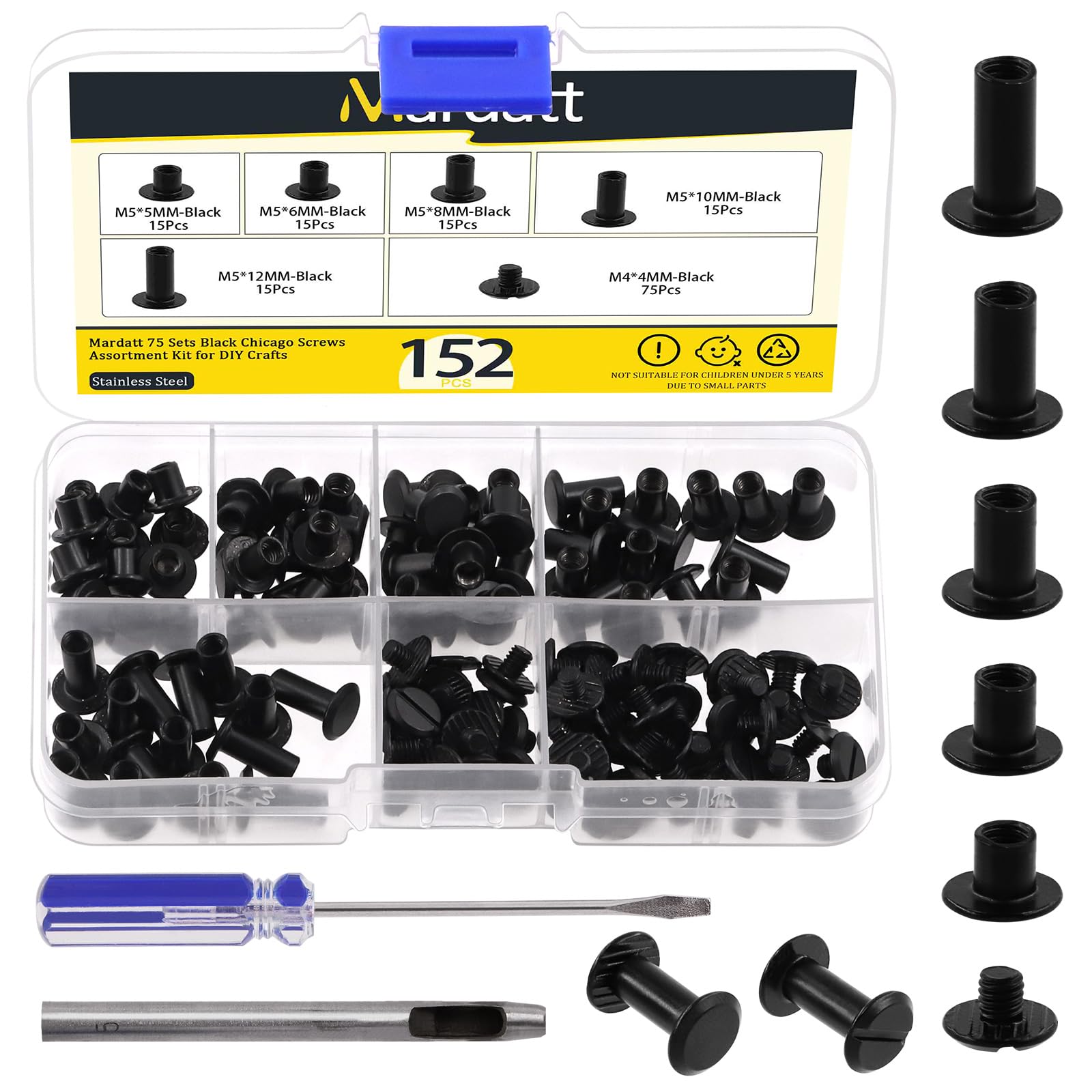 Mardatt 152Pcs 5 Sizes Chicago Screws with Punch and Screwdriver, M5 x 5/6/8/10/12MM Carbon Steel Chicago Rivet Chicago Binding Screw Flat Head Leather Rivet for DIY Leather Repair(Black)