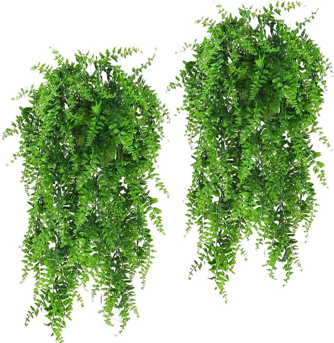 Chwei 2 Pcs Artificial Plants Hanging Vines Ferns Outdoor UV Resistant Fake Hanging Plant Faux Hanging Boston Fern Flowers Vine Plastic Plants for Wall Indoor Hanging Baskets Wedding Garland Decor