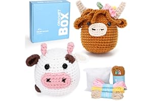 CrochetBox Crochet Kit for Beginner, Highland Cow and Cow Learn How to Crochet Stuffed Animals Gift for Adults and Kids(12+), Knitting Set with Yarn Hook Stitch-by-Stitch Video Tutorial