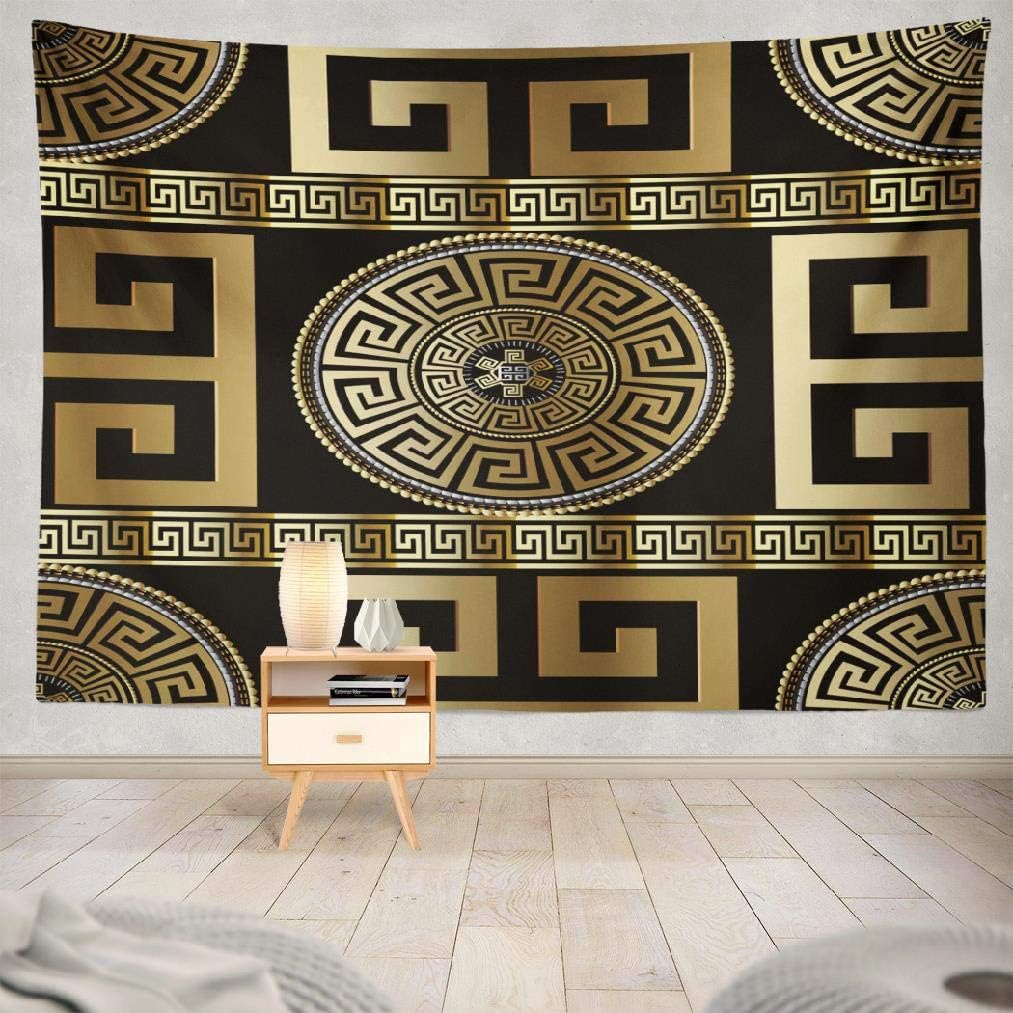 Wbluck Greek Key Tapestry, Wall Hanging Tapestry, Modern Geometric Greek Gold Wallpaper Psychedelic Tapestry Wall Decor for Room Decoration 60 L x 80 W, Gold