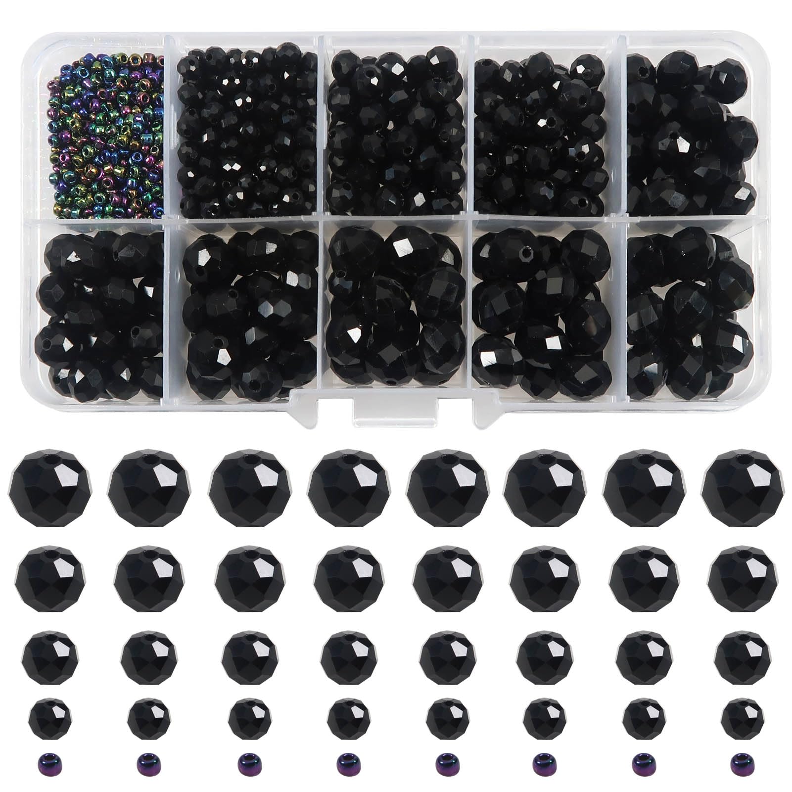 TOAOB 1000pcs Black Crystal Glass Beads 2mm 4mm 6mm 8mm10mm Faceted Spacer Beads for Jewelry Making DIY Craft Project Decorations Bracelet Making Kit
