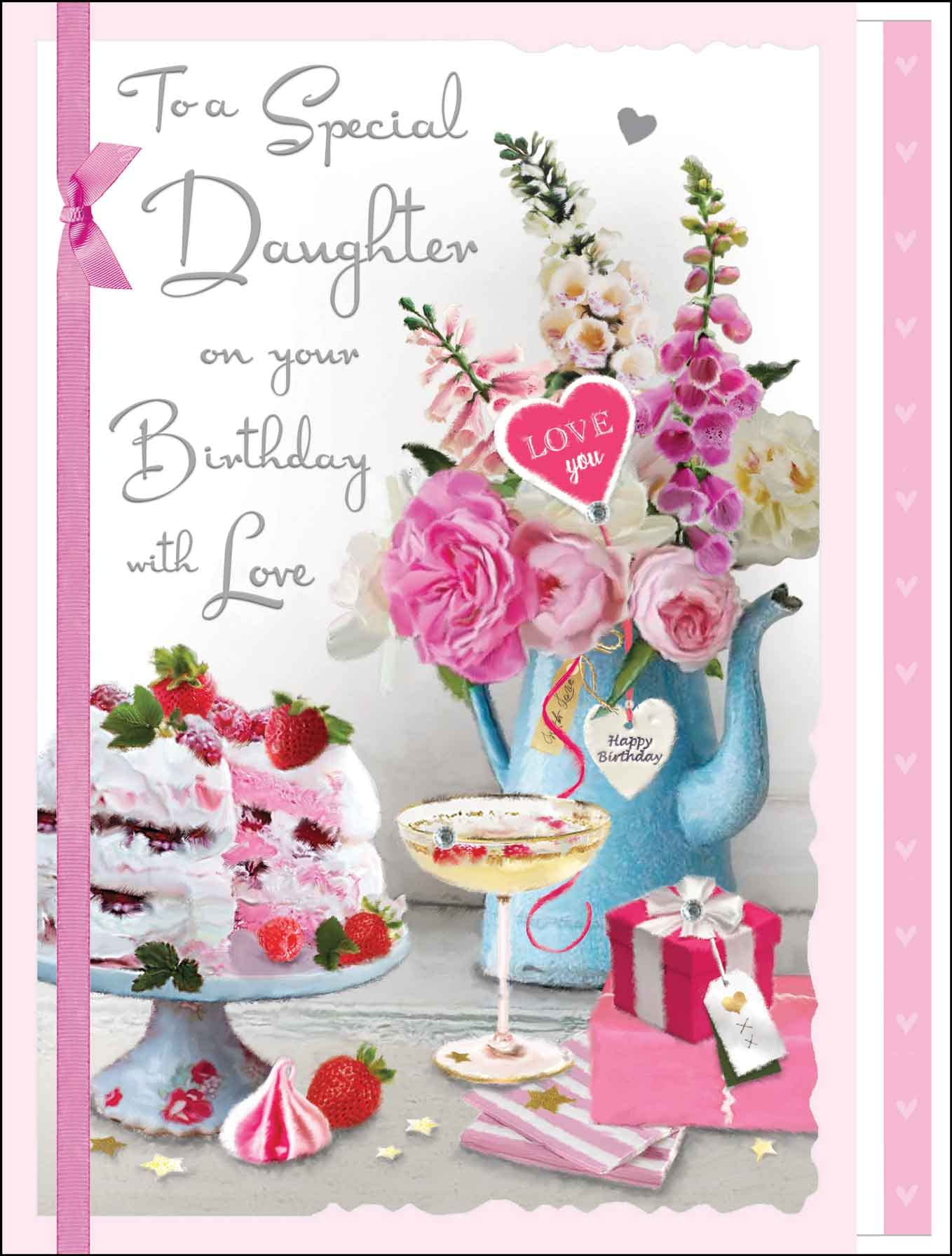 Jonny Javelin Artistic Birthday Greeting Card - 'Special Daughter' - Bouquet, Cocktail and Cake Design - Ribbon Embellishment and Leaf Insert