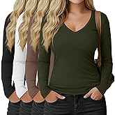 Velvelhall 4 Pack Women's Plus Size Long Sleeve Shirts V Neck Slim Fitted Basic Tops Casual Layering Tee Undershirts