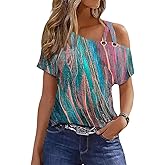Womens Summer Trendy Cold Shoulder Short Sleeve T Shirts Criss Cross Casual Loose Tunic Shirts Tops Blouses