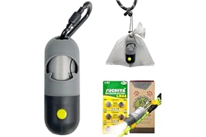 YUCHIYA Dog Poop Bags Holder with LED Flashlight|Pet Waste Bags Dispenser for Leash|Doggie Potty Bags Container with Leak-proof Pet Trash Bags and Accessories (1 Holder 15 Bags, Grey and Black)