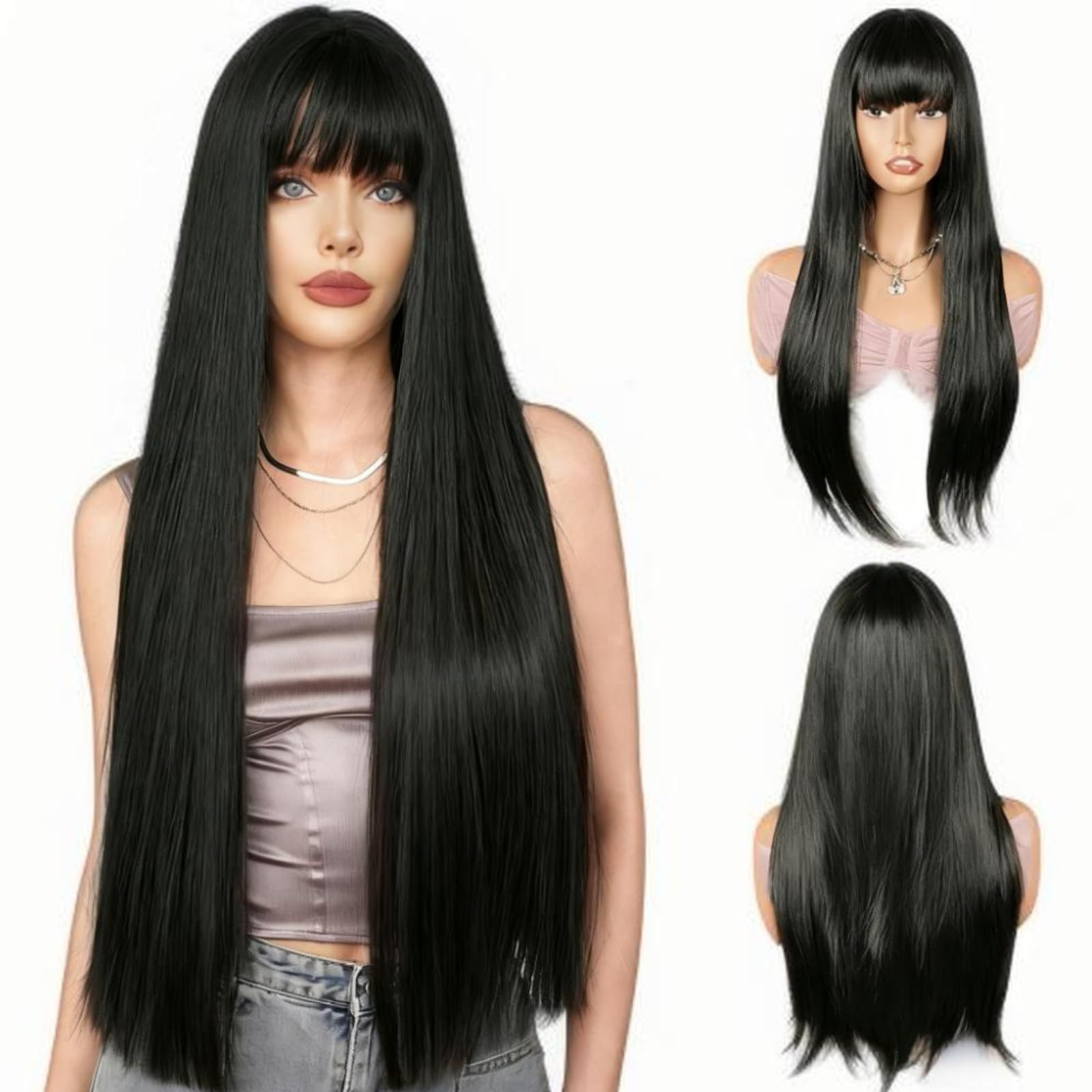 BECUS 24'' Long Black Wig for Women Long Straight Wig with Bangs Glueless Natural Synthetic Hair for Daily Wear Halloween Party Cosplay — image 1