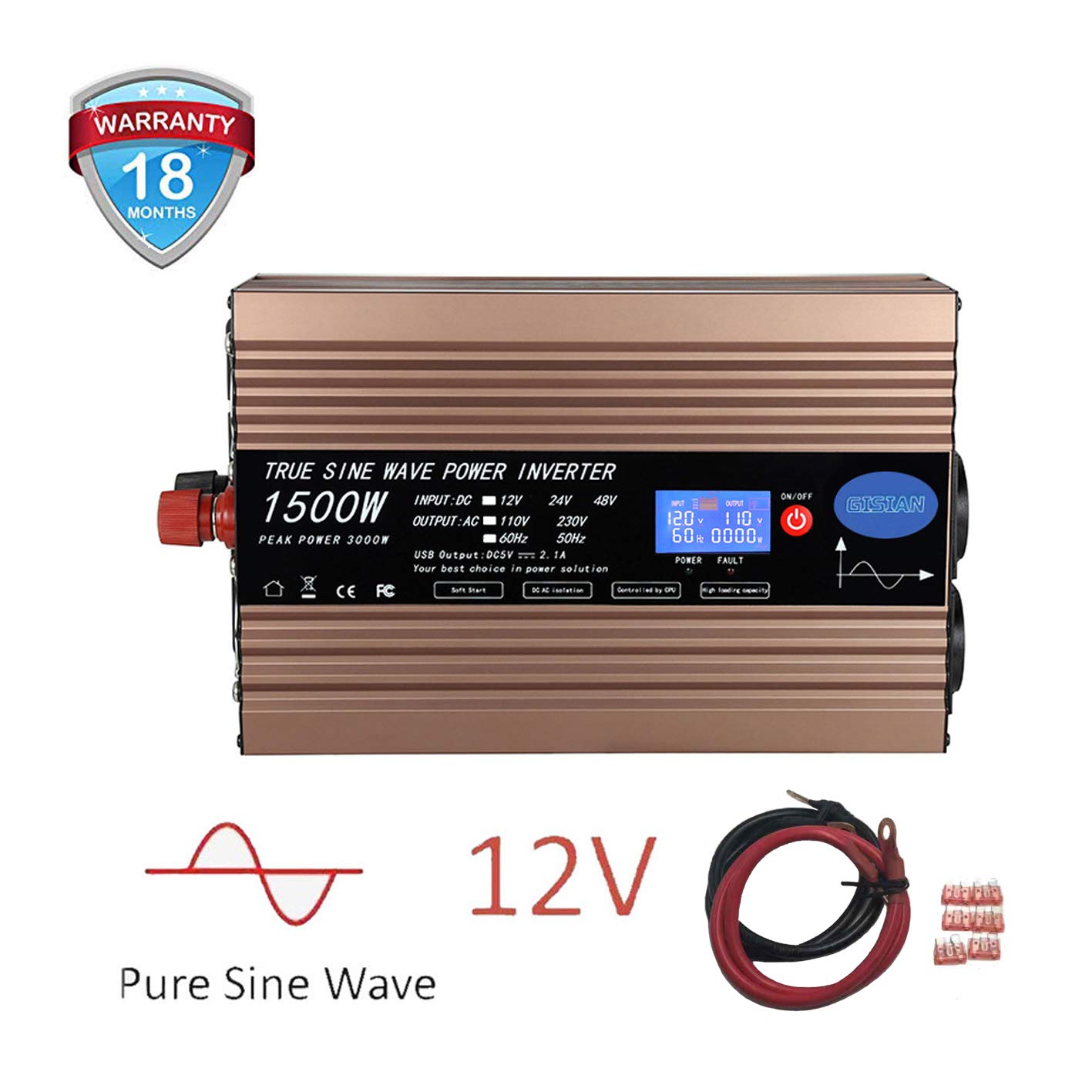 GISIAN 1500W Pure Sine Wave Power Inverter 12V DC to 110V AC with LCD Display, Dual USB Ports and 3 AC Outlets, Perfect for Home RV Truck Boat