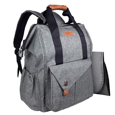 HapTim Multi-function Baby Diaper Bag Backpack W/ Stroller Straps- Insulated Pockets- Changing Pad Included, Nylon Fabric Waterproof for Moms & Dads (Gray-5279)