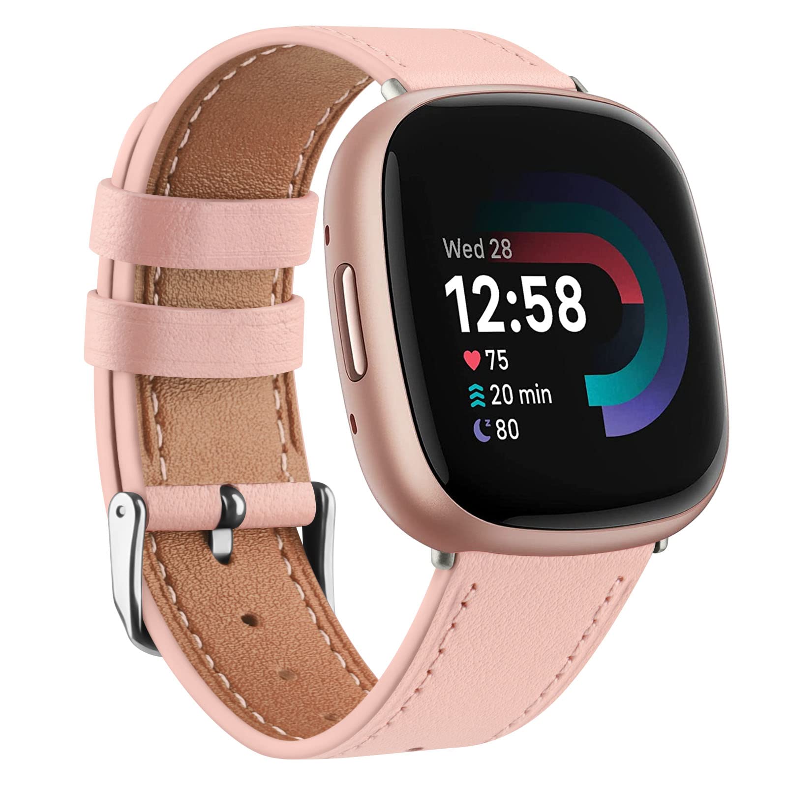Leather Straps for Fitbit Versa 4, Versa 3, Sense 2, and Sense - Genuine Leather Replacement Band for Women and Men (Pink) — image 1