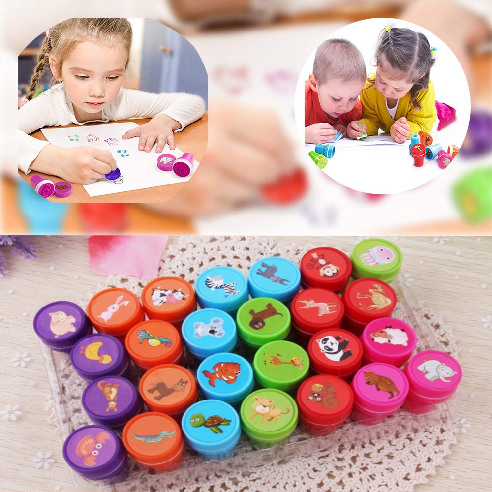 Morkia Timbri Giocattolo, 26pcs Timbri Bambini Francobolli Animali Francobolli di inchiostrazione Stampini e Timbri per Bambini,Ottimo Pensierino per Le Feste di Compleanno dei Bimbi