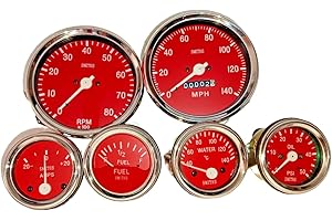 Gauges Set Smiths Type Elec Temp + Mechanical Oil + Fuel + Amp Gauge+Speedometer +Tacho 100 mm red Chrome Bezel