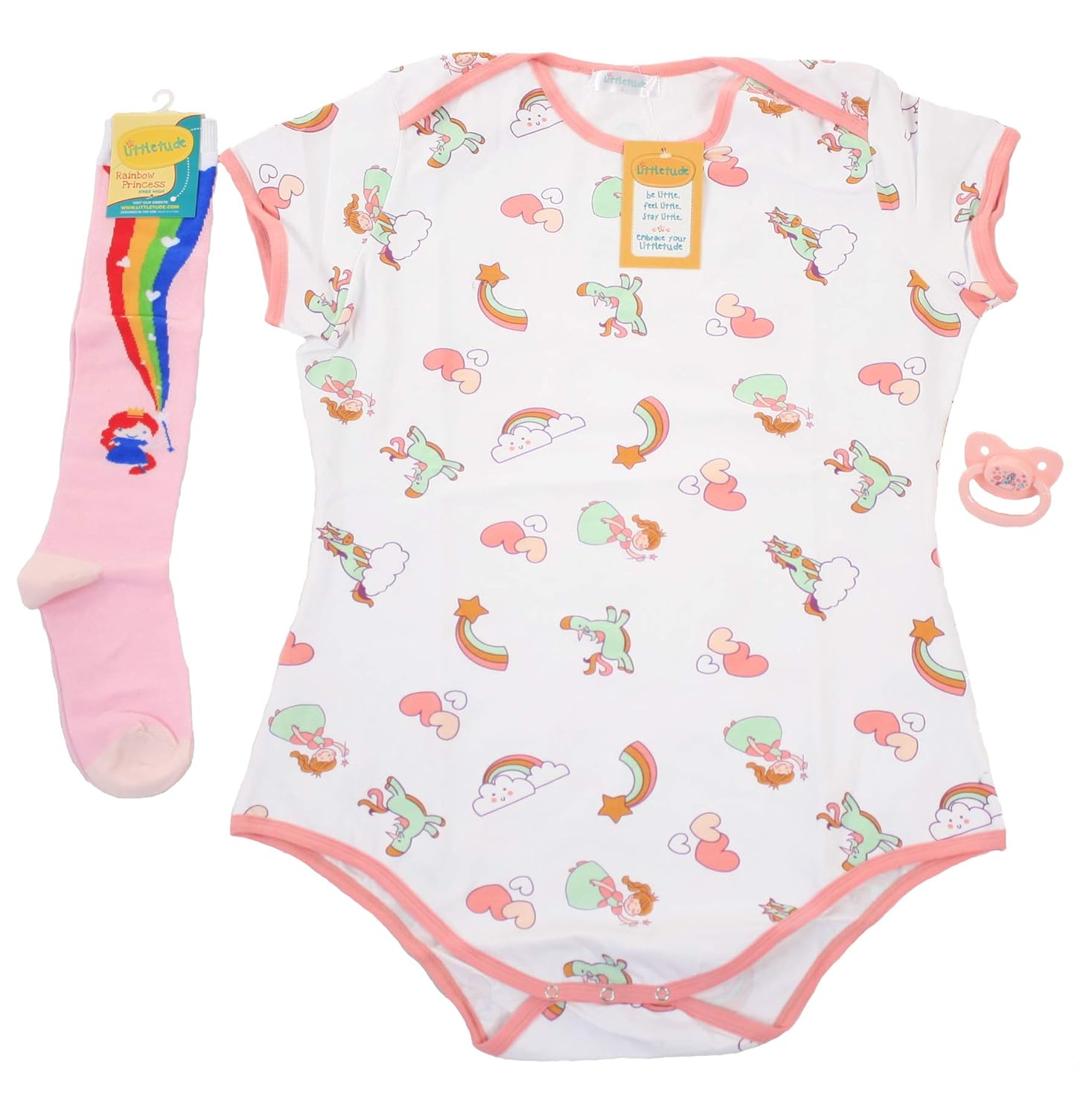 Littletude ABDL Onesie Princess Pack with KneeHigh Socks and Pacifier