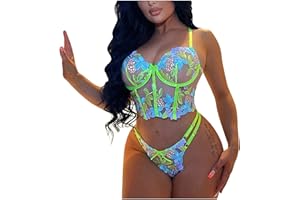 MEOILCE Women's Floral Embroidery Lingerie Sets Lace Bra and Briefs Sets Mesh See Through Sleepwear Underwear for Sex Naughty
