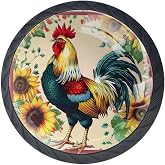 KikandKo 4 Pack Black Drawer Knobs, Rooster Sunflowers Cabinet Knobs Glass Dresser Knobs Drawer Pulls Door Handles for Kitchen Bathroom Hardware