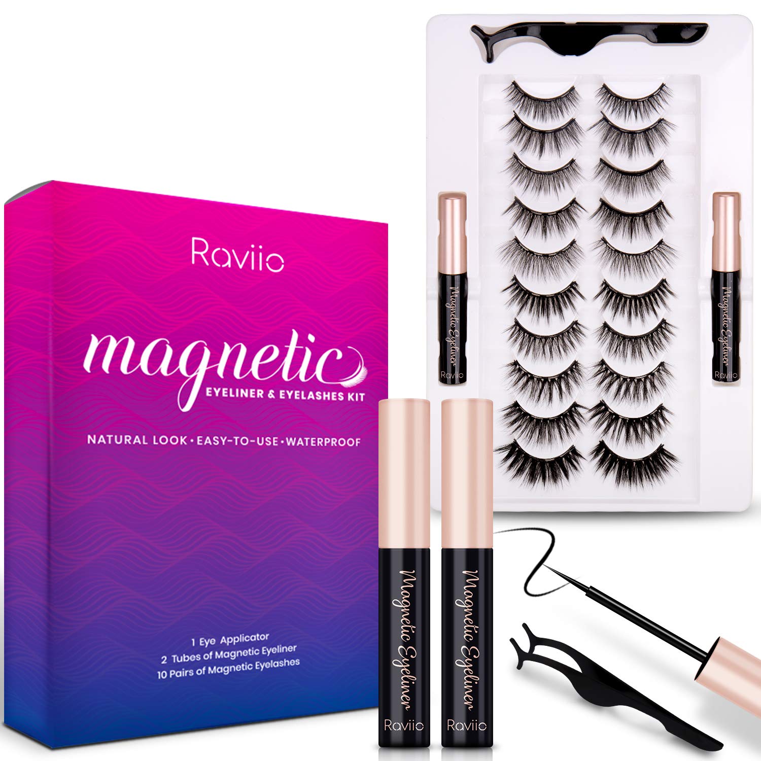Raviio Magnetic Eyeliner With Magnetic Eyelashes Kit Natural Look Kit False Lashes 10 pairs with Magnetic Eyelash Applicator Tool