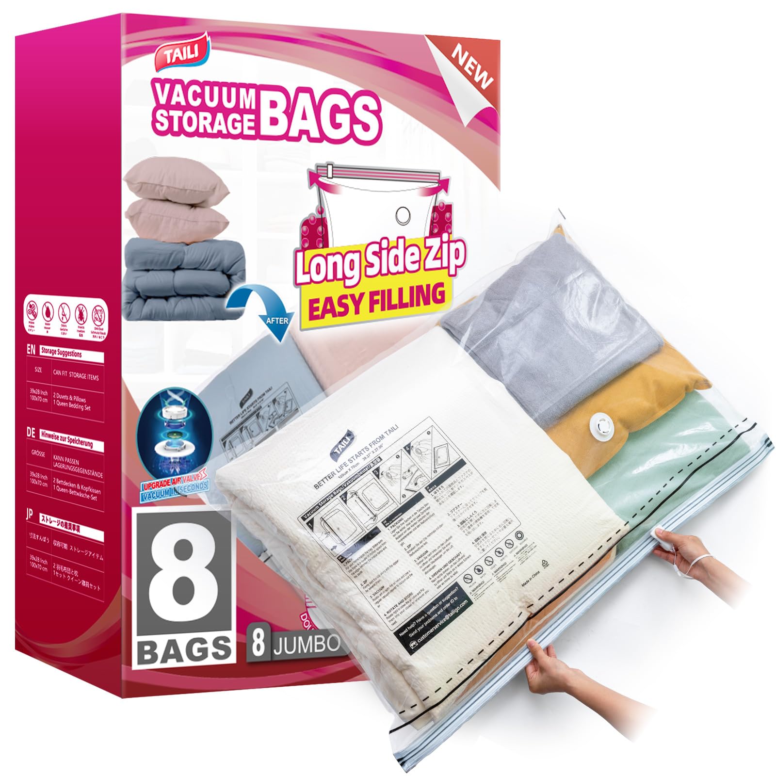 Photo 1 of TAILI 8 Pack Vacuum Storage Bags, Jumbo Size 39x28 inch, LONG SIDE ZIP Vacuum Seal Bags for Beddings, Extra Large Storage Space Saver for Clothing, Comforters, Blankets, Pillows