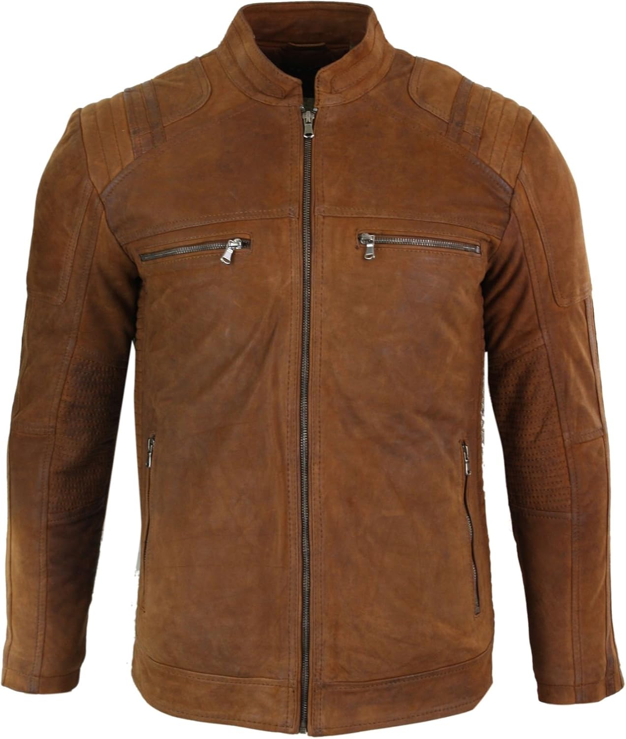 Veste En Cuir Motard Pour Homme - Style Rétro, Matelassée, Coupe Ajustée - Cuir Nappa, 4 Poches Zippées, Col Montant