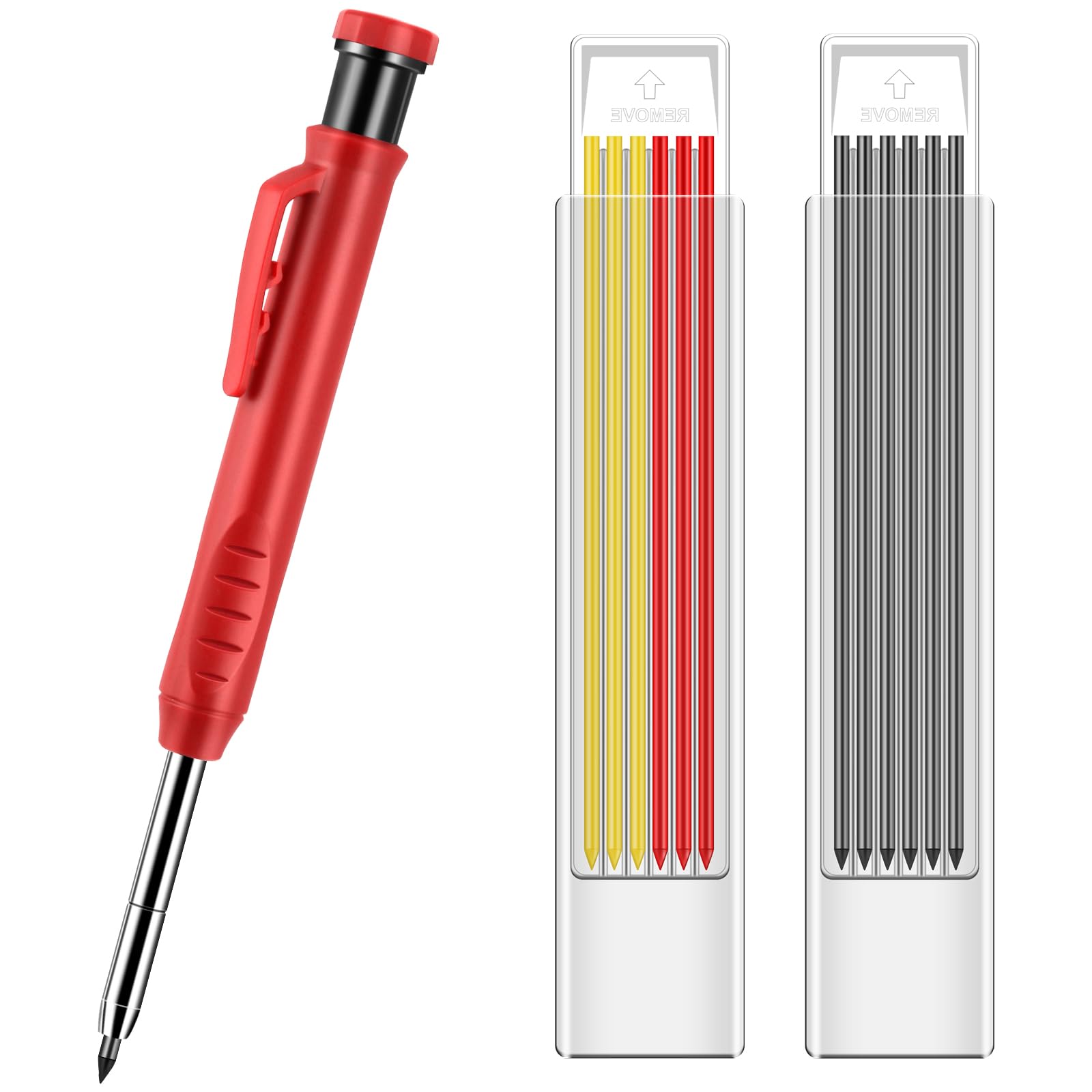 poeland Carpenters Pencil Set with 12 Refills, Construction Pencil with Built-in Sharpener, Woodworking Pencils for Builders Construction Architect