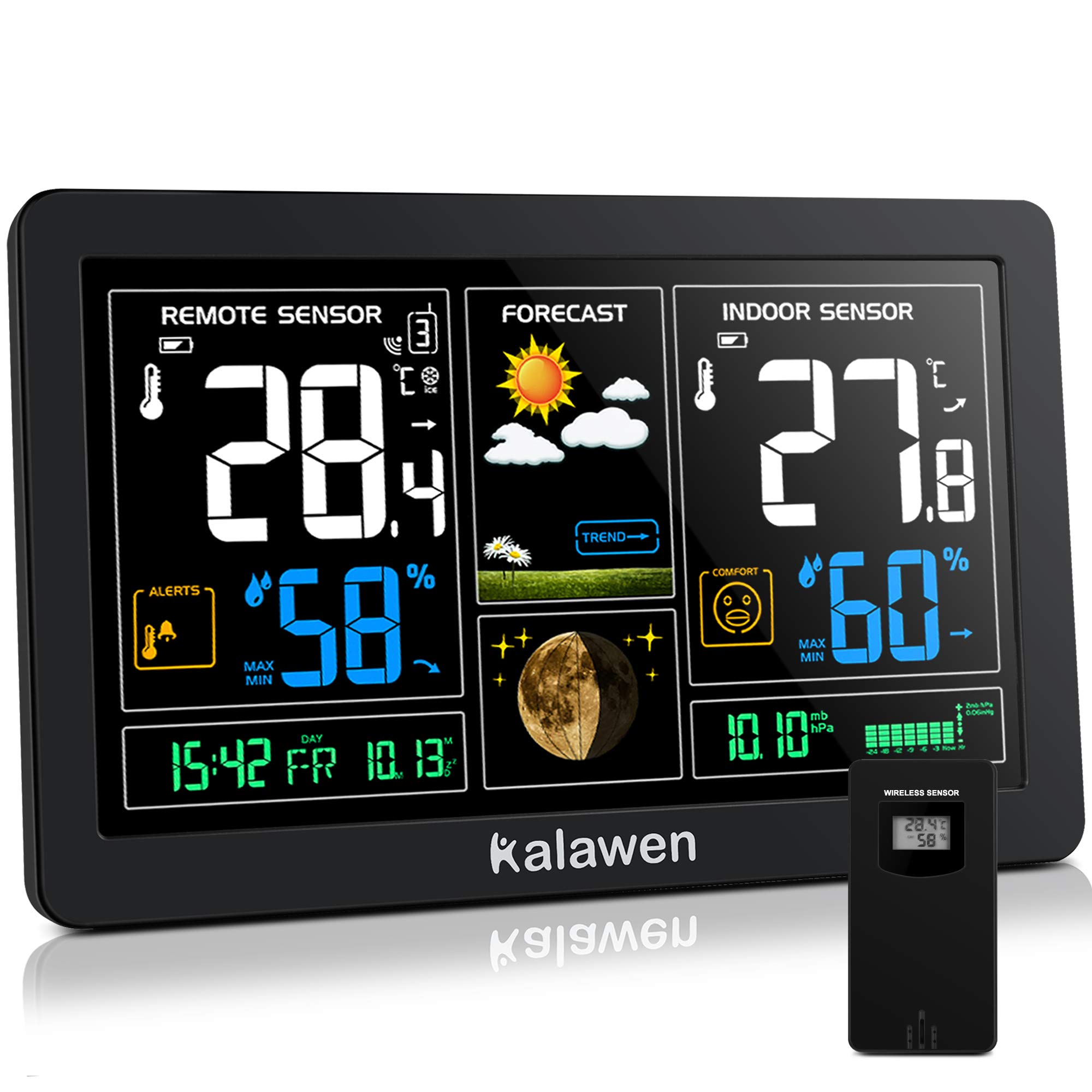 Kalawen Wetterstation mit Außensensor Innen und Außen 9-IN-1 Wireless Digital Wecker Barometer Weather Station Temperatur-Feuchtigkeits-Monitor Wettervorhersage für Zuhause Hausgarten Büro