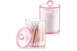 XIPENGKEJI Qtip Holder Dispenser, 2 Pack 10 oz, 12 oz Plastic Apothecary Jar Set for Bathroom Canister Storage Organization,Vanity Makeup Organizer for Cotton Swab, Ball, Pads, Floss.(Pink)