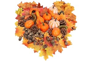 VOPH 70PCS Fall Decor Artificial Pumpkins for Decorating, Foam Pumpkin Decor for Harvest Halloween Thanksgiving, Faux Pumpkin Decorations Set with 8 Fake Pumpkins+ 2 Pinecones+ 10 Pinecones+50 Fall Leaves
