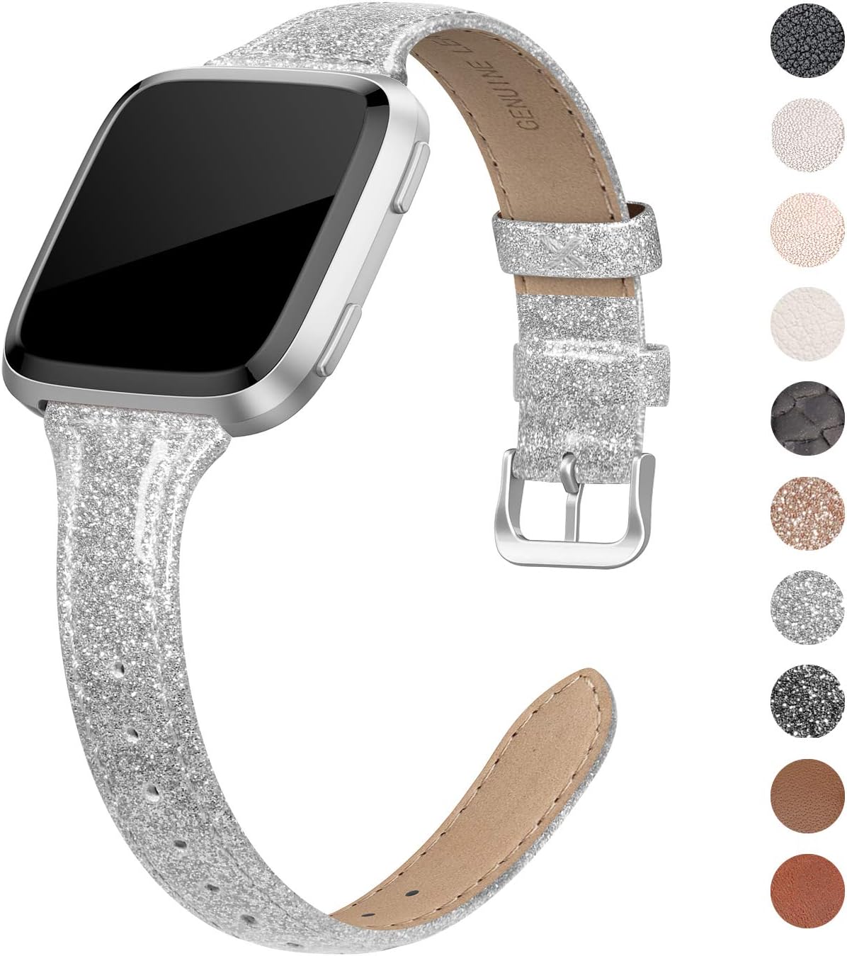 QusFy Genuine Leather Bands Compatible with Fitbit Versa 2 / Fitbit Versa Lite & SE/Fitbit Versa, Slim Thin Leather Band Replacement Strap for Versa Women (5.7" - 7.8"), Black, Rose Gold