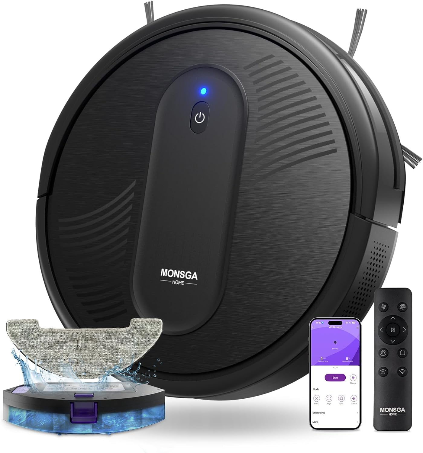 MONSGA Robot Vacuums and mop, Powerful Suction Robotic Vacuum, 140Min Runtime, Vacuum Robot for Hard Floor, Low Pile Carpet, Pet Hair, Remote/App/Voice Control, Schedule Clean (Black)