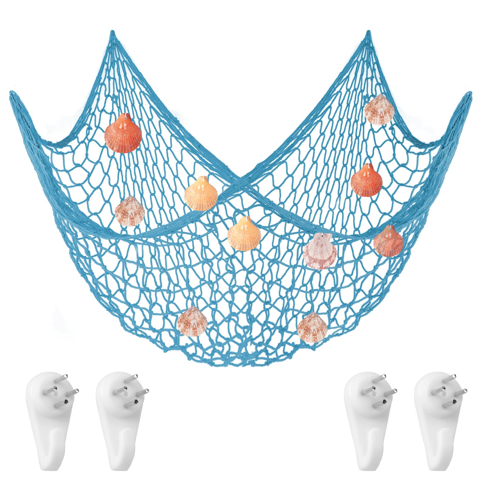 Aolso Fishing Net Decoration, 6.5 X 3.3Ft Nautical Wall Hanging Fish Net with Shells, Blue Fishing Net Beach Theme Decor for Party Home, Mediterranean Style Photo Netting
