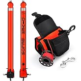 5ft Scuba Surface Marker Buoy with Pouch and 100ft Reel Set (Hi-Vi Red) | High-Visibility Diving Open-Bottom Signal Tube, ABS Dive Reel, 316 Stainless Steel Double-Ended Bolt Snap Clip