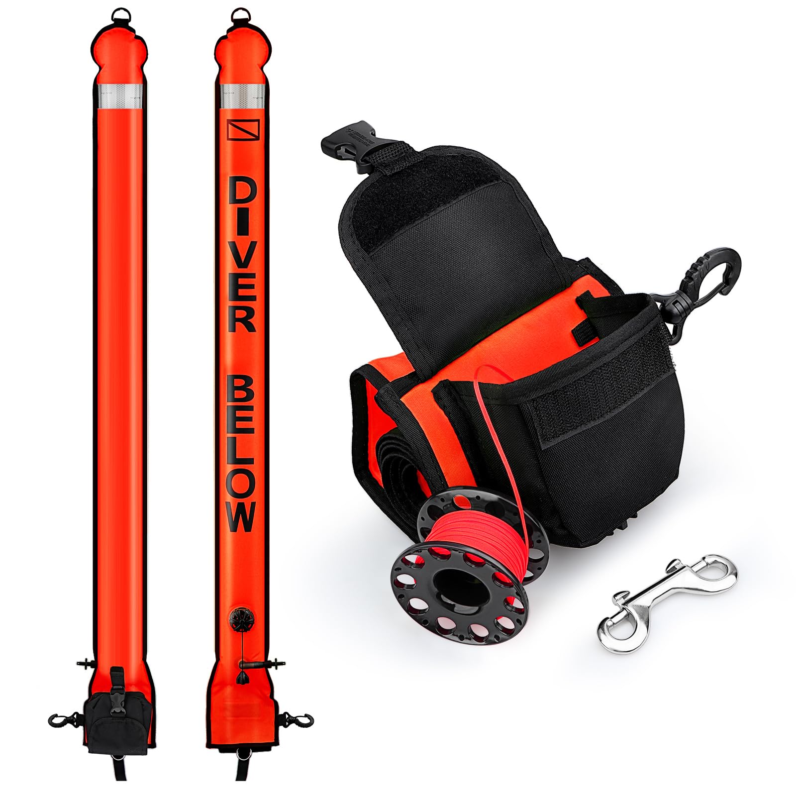 Photo 1 of Surface Marker Buoy Scuba with Reel, 5ft High Visibility Diving Open Bottom Signal Tube Safety Sausage with Pouch Bag, 100ft ABS Dive Reel and Steel Double-Ended Bolt Snap (Hi-Vi Red)