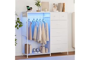 49.2" w Dresser with Hanging Rack & LED Lights, 6-Drawer Closet Organizer with Charging Station, Tall Storage Tower for Bedro